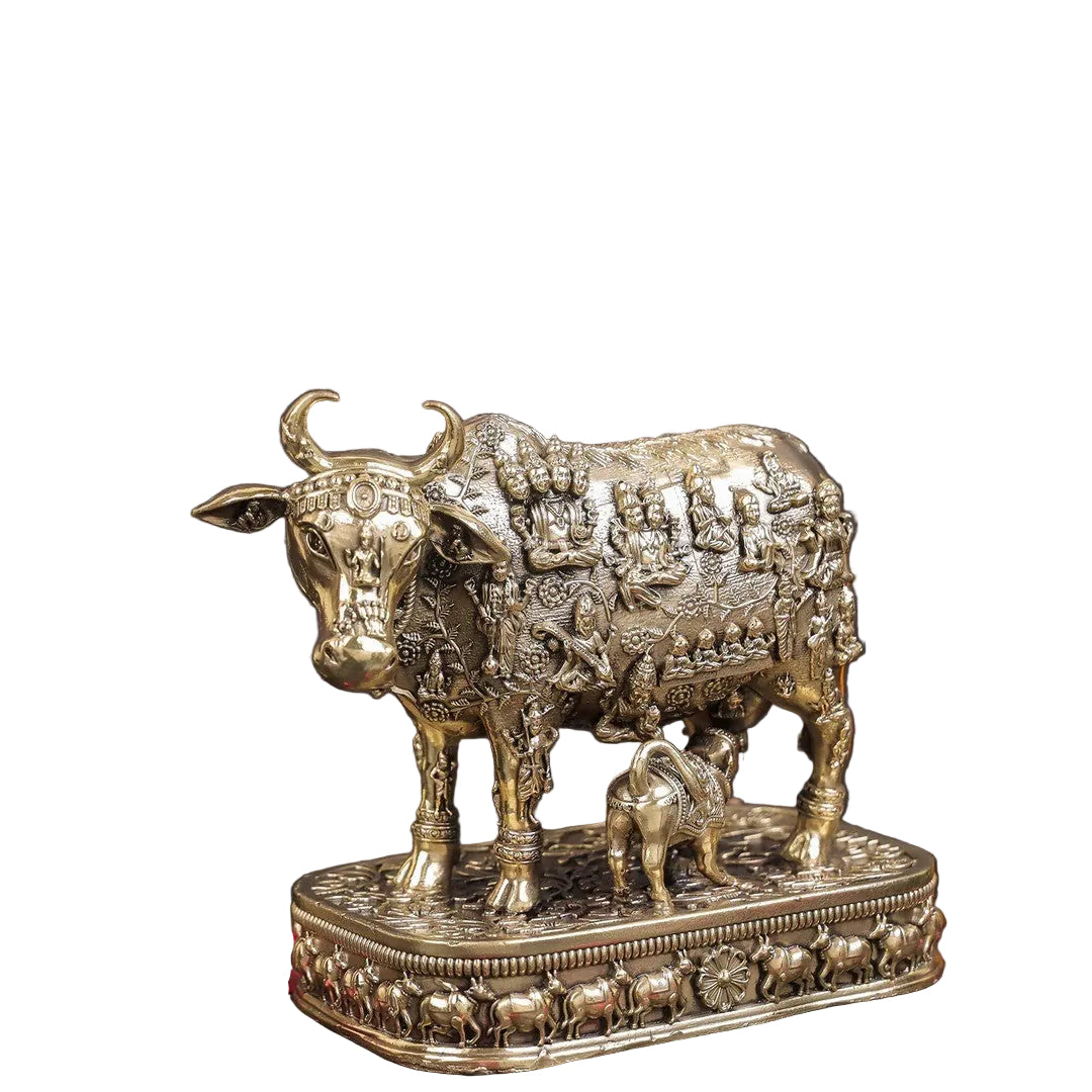 Brass Kamdhenu Cow with Calf Idol | Intricately Detailed Brass Cow Statue for Pooja, Vastu, Home Temple & Spiritual Décor, small  size