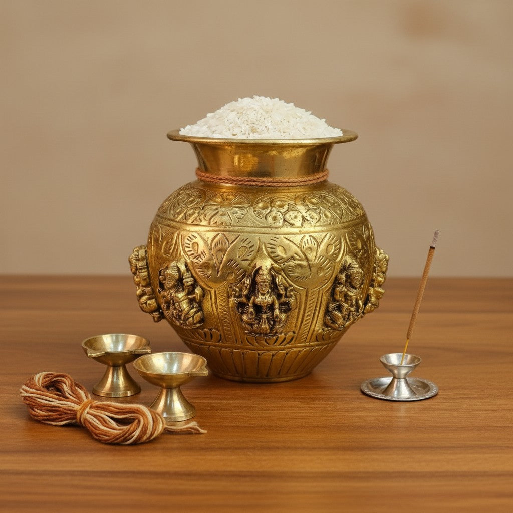 Pure brass Ashta Lakshmi Kalash with detailed engravings of the eight forms of Goddess Lakshmi, ideal for pooja, Diwali celebrations, Vastu rituals, home temples, and housewarming gifts. 🪔✨🙏🏡