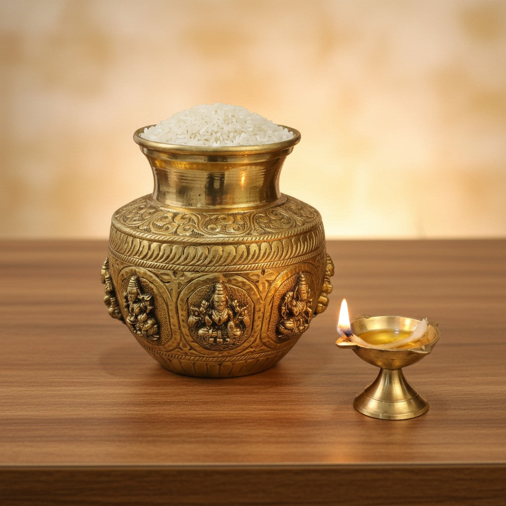 Pure Brass Ashta Lakshmi Kalash | Sacred Pooja Kalash with Eight Lakshmi Engravings | Hindu Ritual Pot for Home Temple