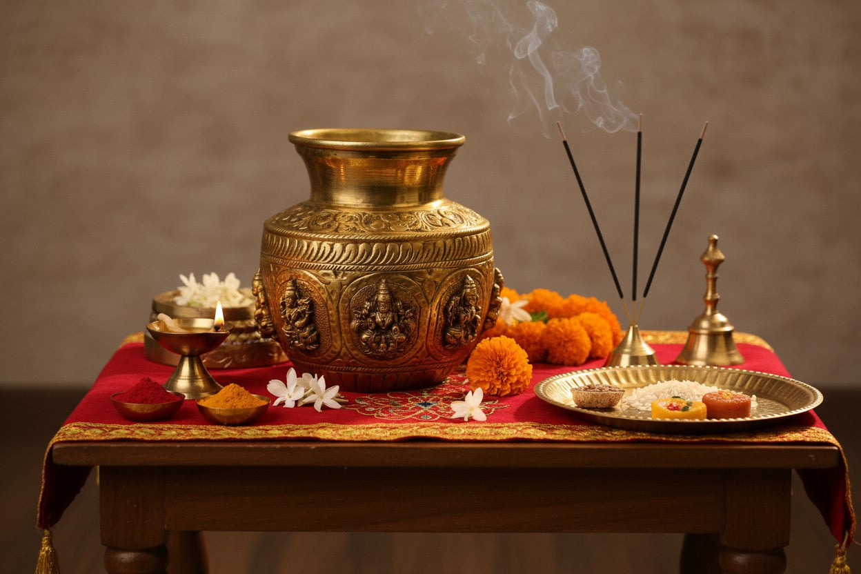Pure Brass Ashta Lakshmi Kalash | Sacred Pooja Kalash with Eight Lakshmi Engravings | Hindu Ritual Pot for Home Temple