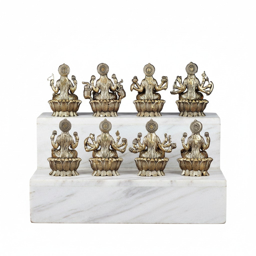 Pure brass Ashta Lakshmi statue set featuring the eight divine forms of Goddess Lakshmi, ideal for pooja rooms, home temples, Diwali celebrations, Varalakshmi Vratham, and spiritual décor. 🪔✨🙏
