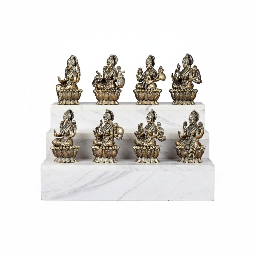 Pure brass Ashta Lakshmi statue set featuring the eight divine forms of Goddess Lakshmi, ideal for pooja rooms, home temples, Diwali celebrations, Varalakshmi Vratham, and spiritual décor. 🪔✨🙏