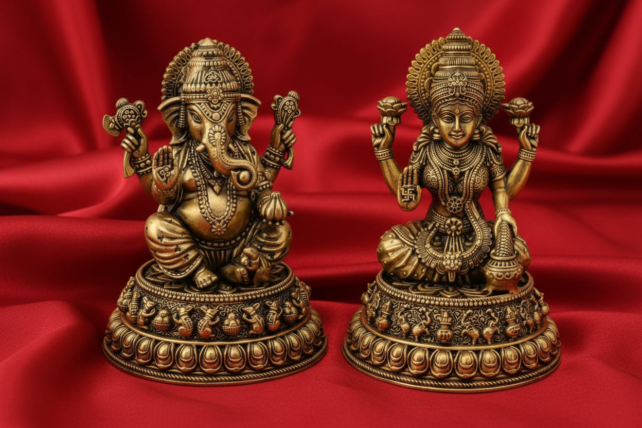 Elegant brass Lakshmi Ganesh idol pair for pooja rooms, home temples, Diwali décor, Vastu spaces, and housewarming gifts, symbolizing prosperity, wisdom, success, and divine blessings. 🪔✨🙏