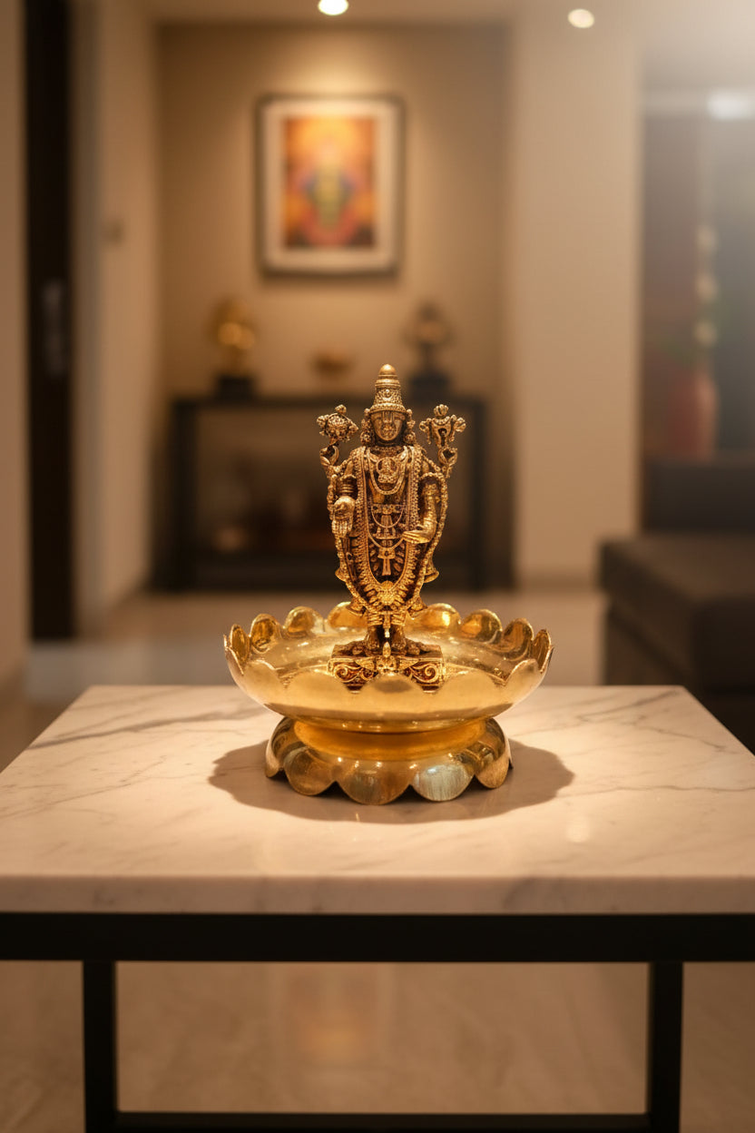 Handcrafted brass Tirupati Balaji idol on a decorative lotus stand, ideal for pooja rooms, home temples, Vastu décor, meditation spaces, and spiritual gifting. 🛕✨🙏🌸