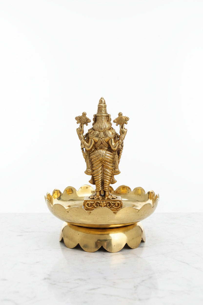 Handcrafted brass Tirupati Balaji idol on a decorative lotus stand, ideal for pooja rooms, home temples, Vastu décor, meditation spaces, and spiritual gifting. 🛕✨🙏🌸