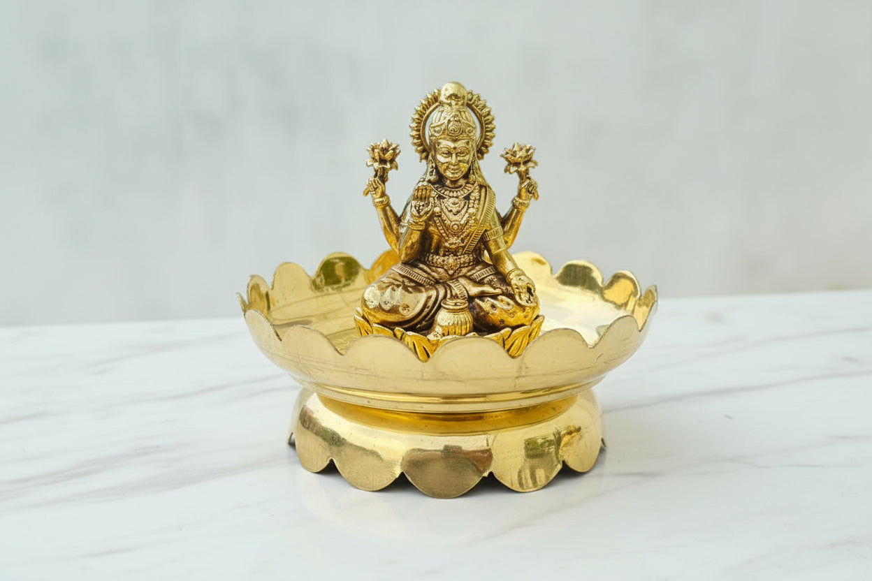 Brass Lakshmi Ganesh Statue on Lotus Stand – Handmade Goddess Lakshmi & Lord Ganesha Idol for Pooja, Home Temple, Diwali & Spiritual Décor