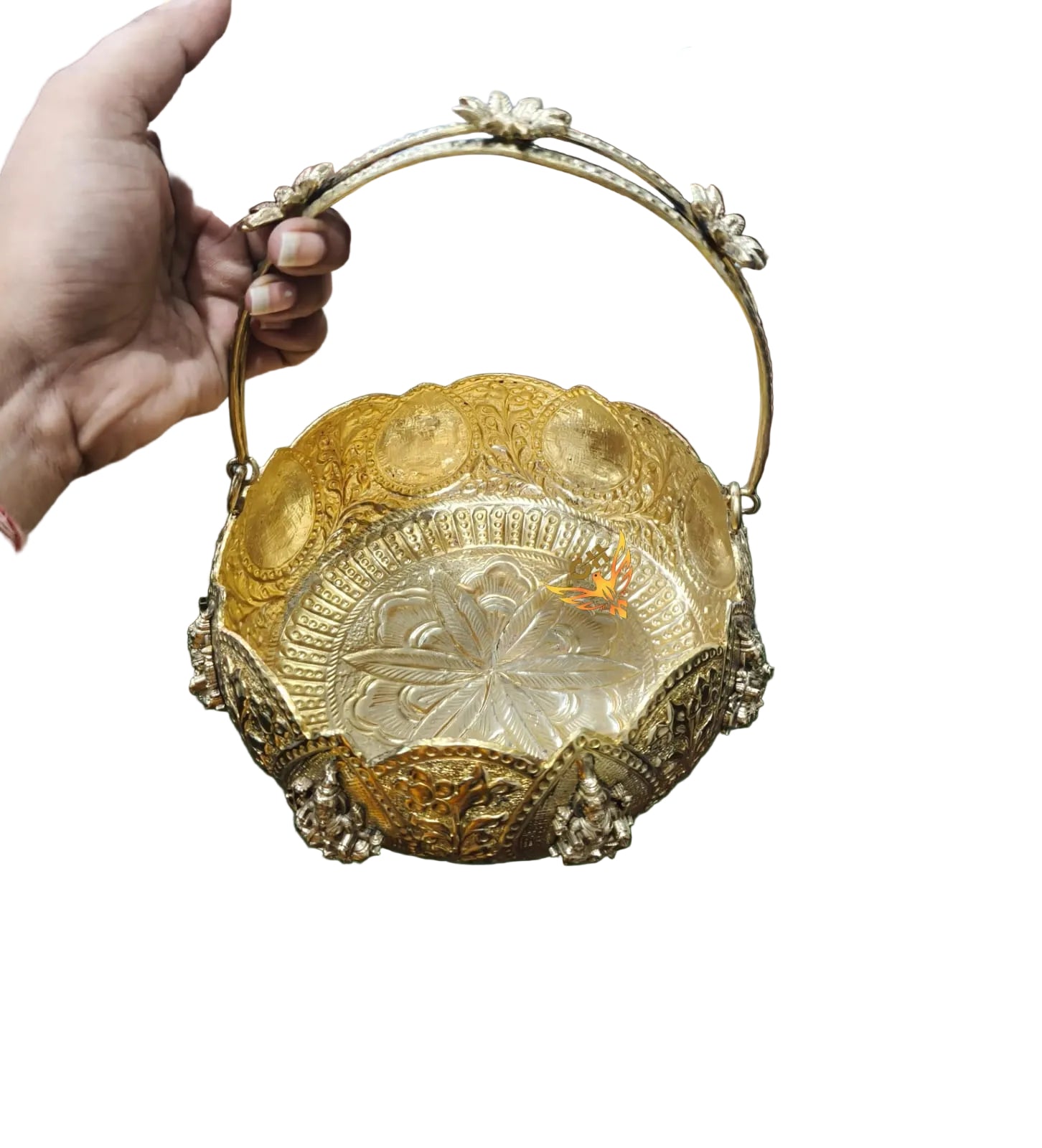 Brass Ashta Lakshmi bowl basket with decorative handle, perfect for flowers, prasad, floating candles, pooja rituals, Diwali décor, home temples, and spiritual gifting. 🪔✨🌸