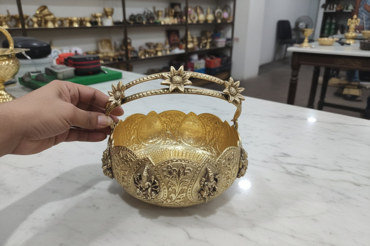 Brass Ashta Lakshmi bowl basket with decorative handle, perfect for flowers, prasad, floating candles, pooja rituals, Diwali décor, home temples, and spiritual gifting. 🪔✨🌸