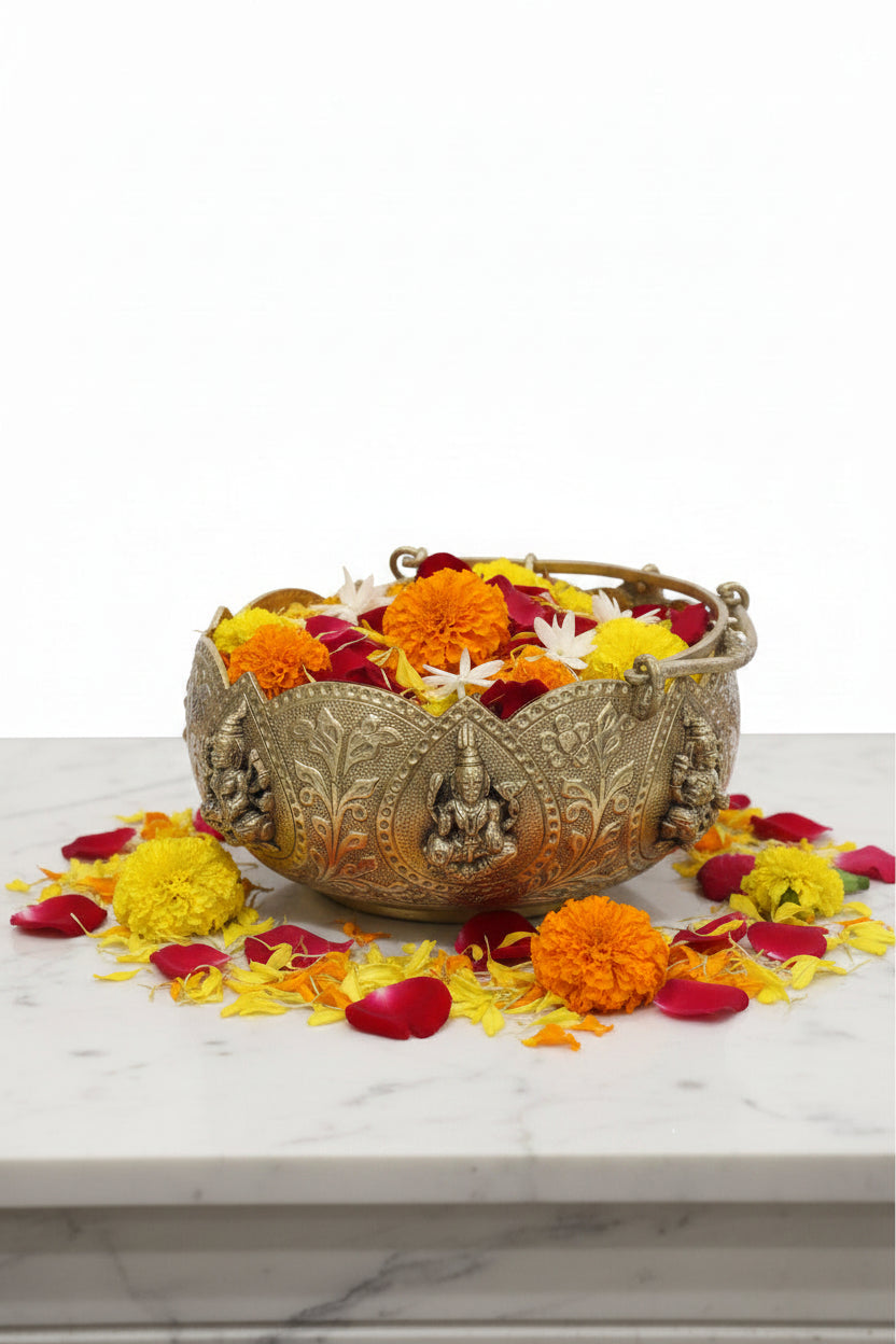 Brass Ashta Lakshmi bowl basket with decorative handle, perfect for flowers, prasad, floating candles, pooja rituals, Diwali décor, home temples, and spiritual gifting. 🪔✨🌸