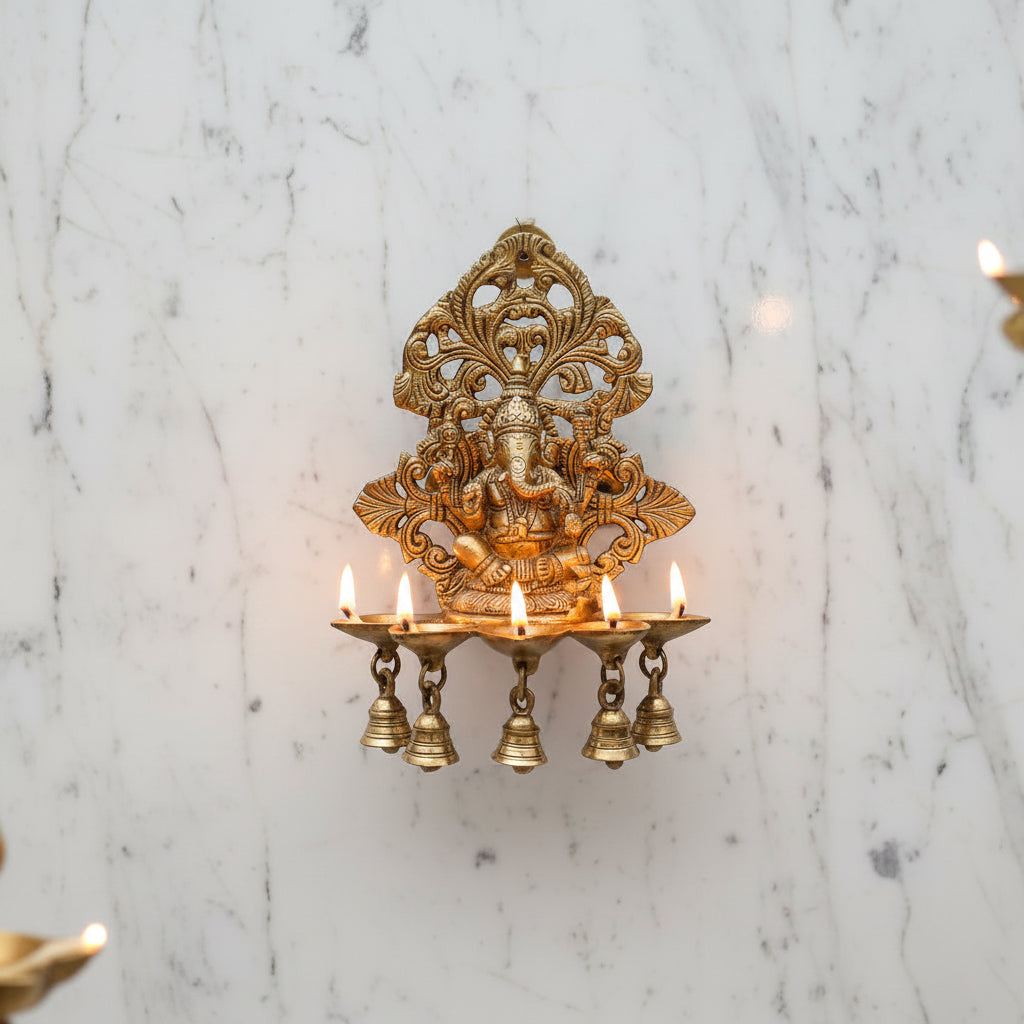 Brass Wall Hanging with 5 Diyas | Traditional Deepam Lamp for Pooja Room, Entrance, Diwali & Home Decor