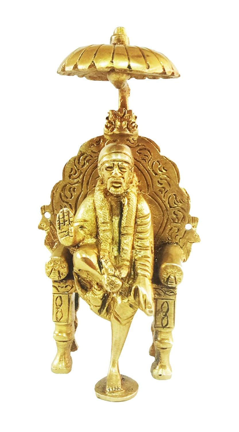 Brass Sai Baba Statue with Chhatra | Shirdi Sai Baba Idol for Pooja, Home Temple, Meditation & Spiritual Decor