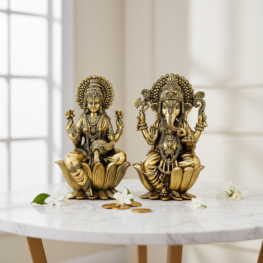 Brass Lakshmi Ganesh Statue | Goddess Lakshmi & Lord Ganesha Idol for Pooja, Diwali, Home Temple & Vastu Decor