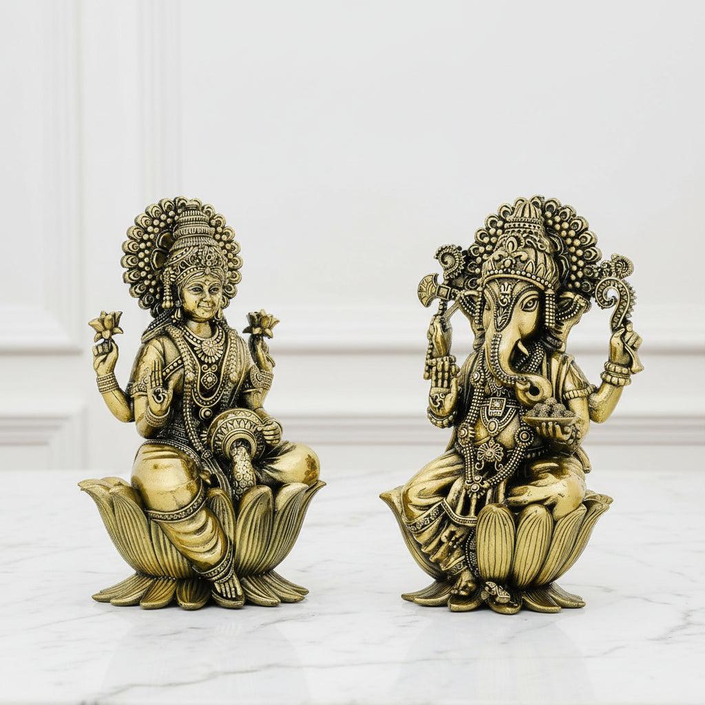 Brass Lakshmi Ganesh Statue | Goddess Lakshmi & Lord Ganesha Idol for Pooja, Diwali, Home Temple & Vastu Decor