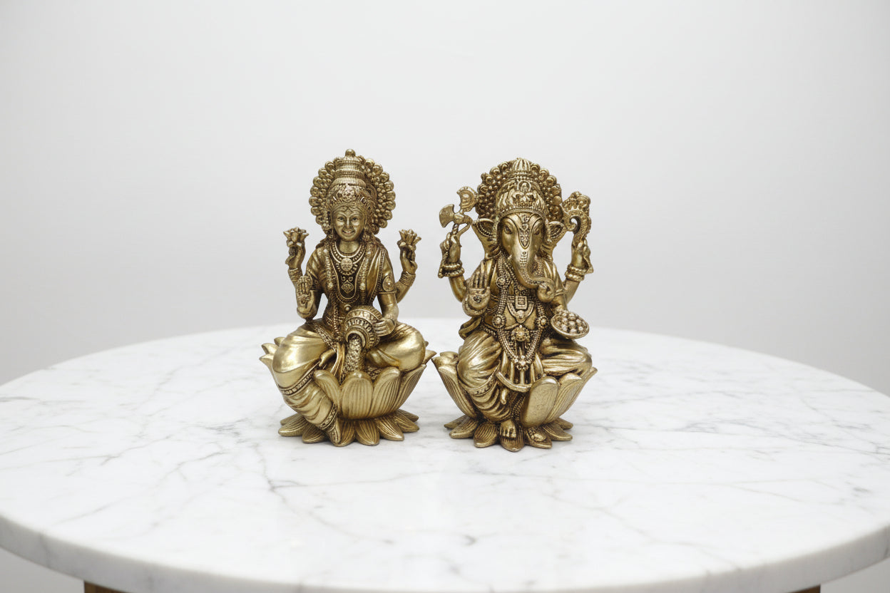 Brass Lakshmi Ganesh Statue | Goddess Lakshmi & Lord Ganesha Idol for Pooja, Diwali, Home Temple & Vastu Decor