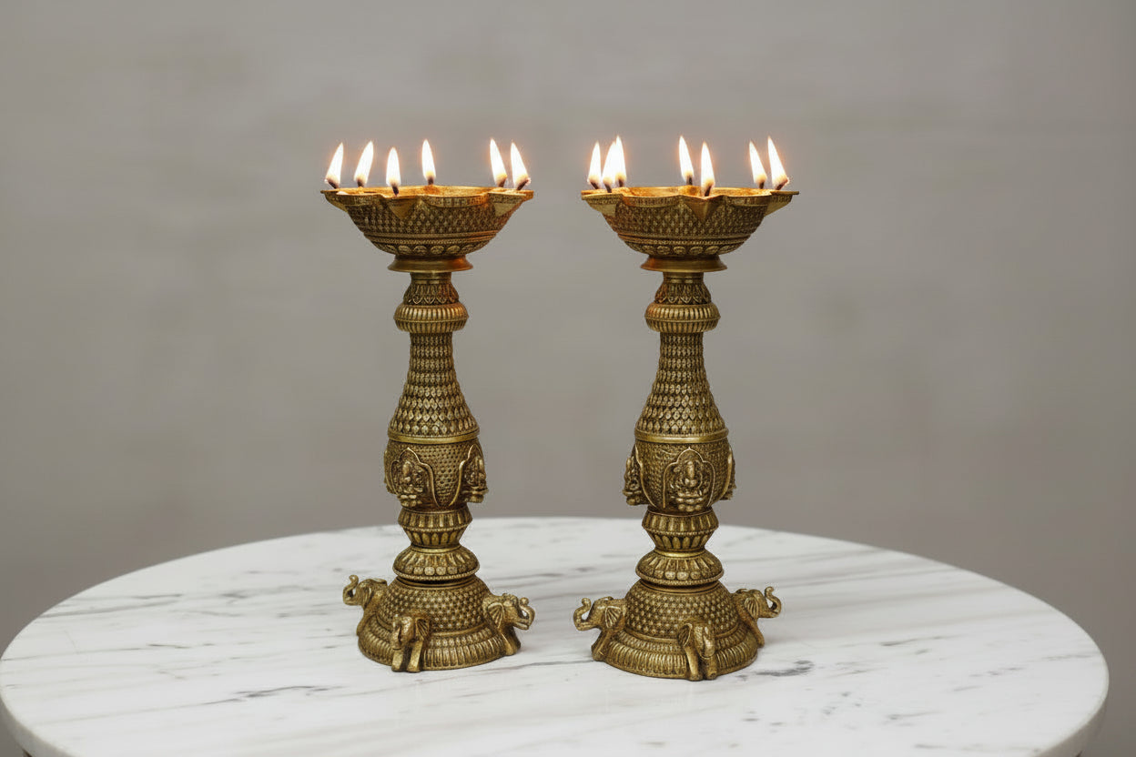 Brass Panchmukhi Diya with Lakshmi & Elephant Motif | Five Face Oil Lamp for Pooja, Diwali, Vastu & Home Temple Decor