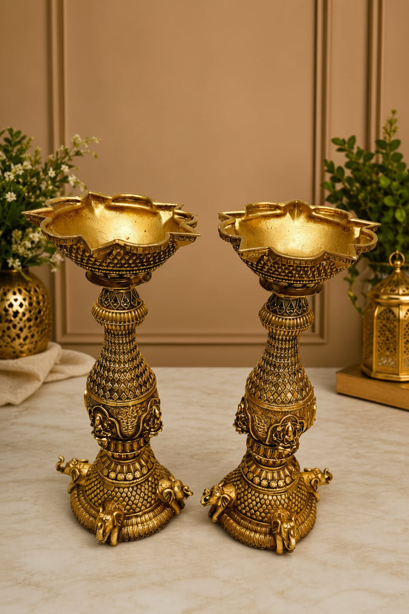 Brass Panchmukhi Diya with Lakshmi & Elephant Motif | Five Face Oil Lamp for Pooja, Diwali, Vastu & Home Temple Decor