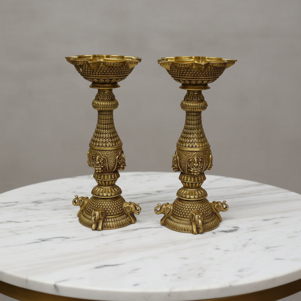 Brass Panchmukhi Diya with Lakshmi & Elephant Motif | Five Face Oil Lamp for Pooja, Diwali, Vastu & Home Temple Decor