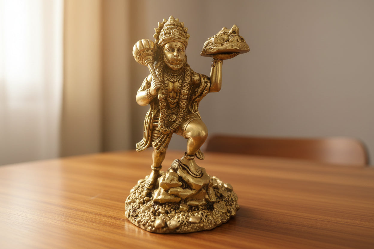 Brass Hanuman Statue with Parvat | Lord Hanuman Carrying Sanjeevani Mountain Idol for Pooja, Home Temple & Spiritual Decor