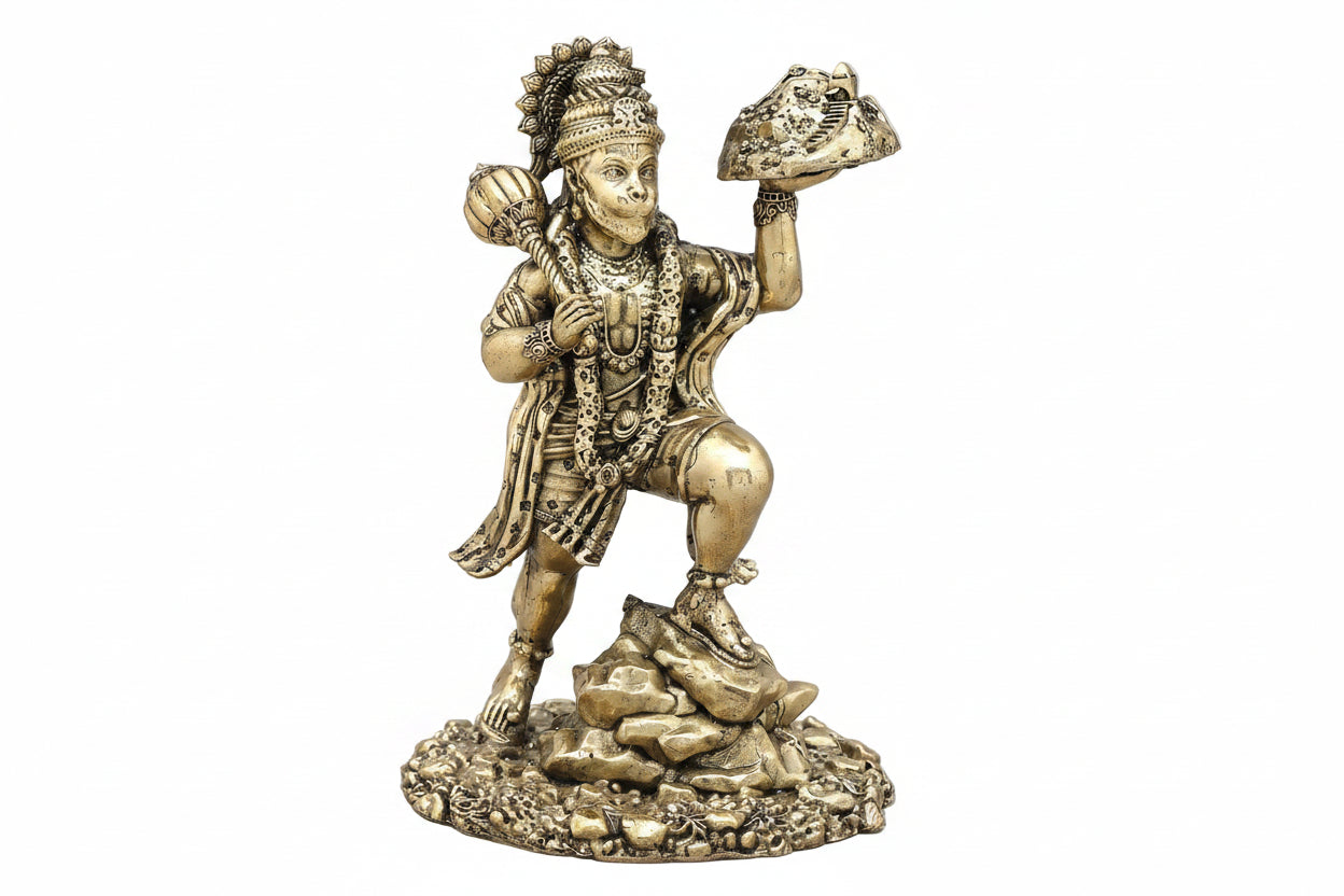 Brass Hanuman Statue with Parvat | Lord Hanuman Carrying Sanjeevani Mountain Idol for Pooja, Home Temple & Spiritual Decor