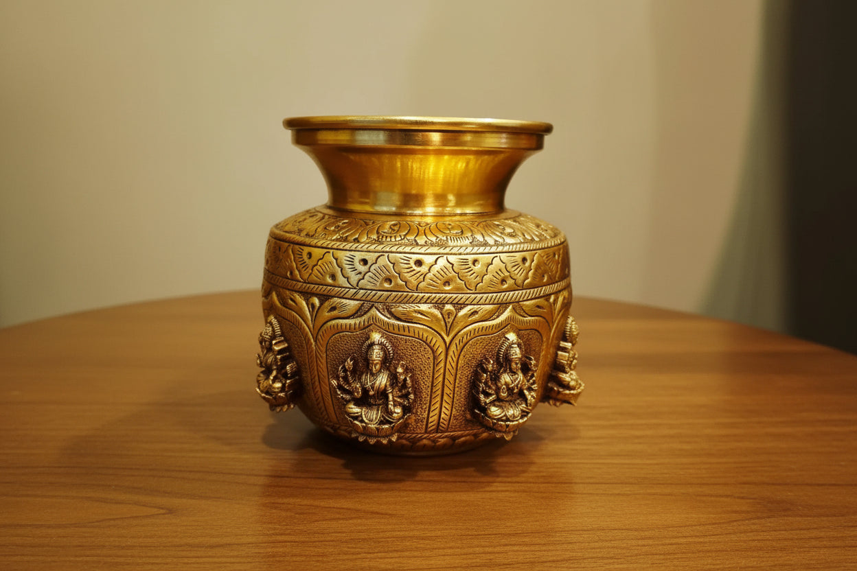 Brass Ashta Lakshmi Kalash | Sacred Hindu Pot for Pooja, Varalakshmi Vratham, Diwali & Home Temple Décor, 5"
