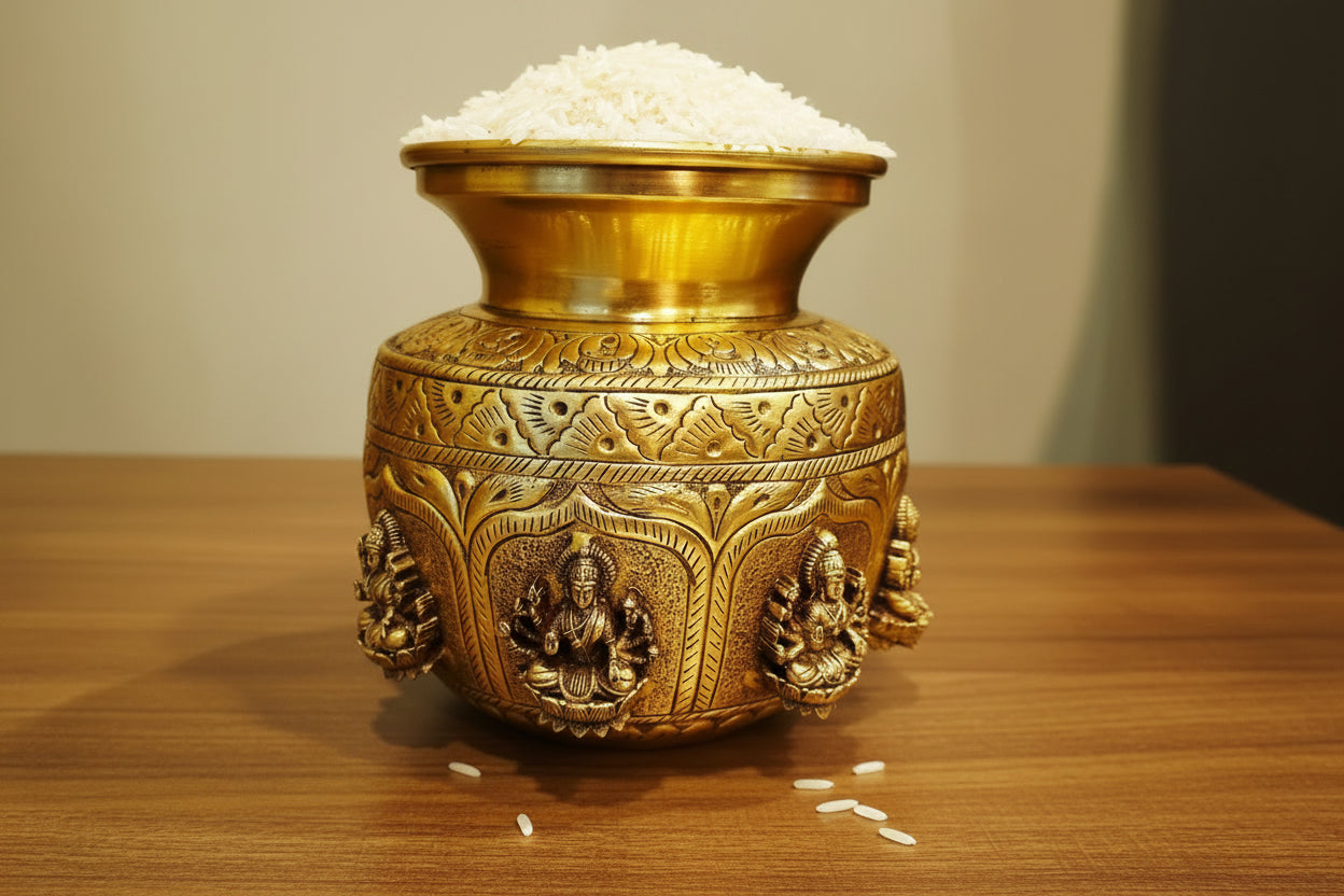 Brass Ashta Lakshmi Kalash | Sacred Hindu Pot for Pooja, Varalakshmi Vratham, Diwali & Home Temple Décor, 5"
