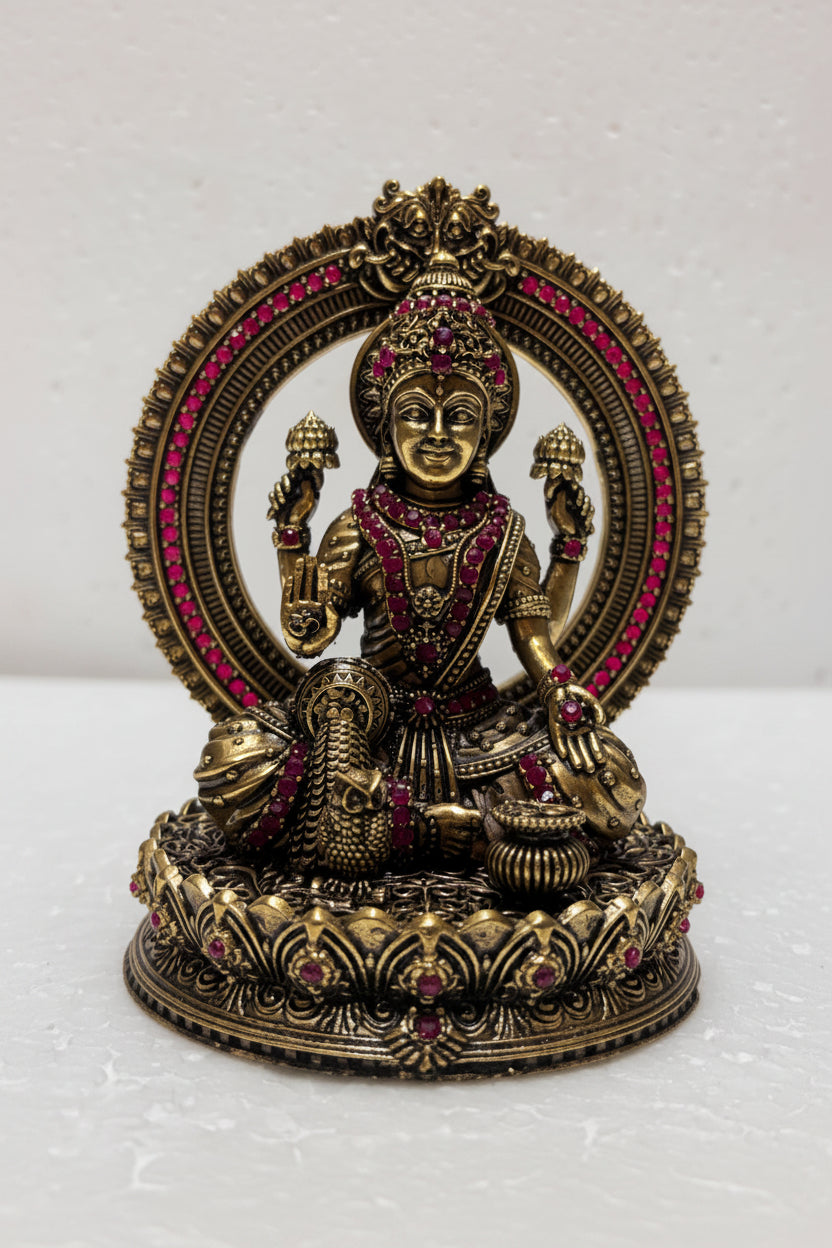 Handcrafted Brass Lakshmi Idol with Stone Work – Goddess of Wealth for Home Temple, Pooja Room & Spiritual Décor