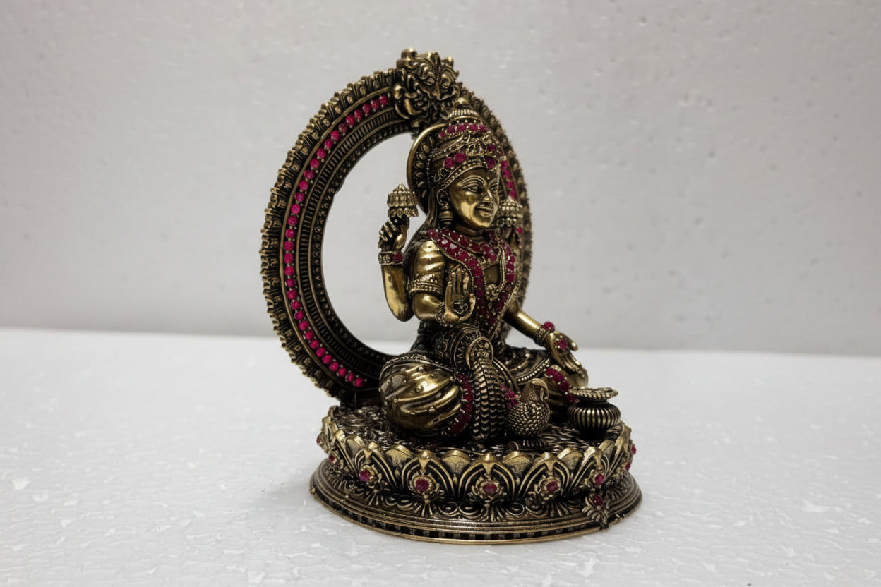 Handcrafted Brass Lakshmi Ganesh Idol with Stone Work – Goddess Lakshmi & Lord Ganesha Statue for Home Temple, Pooja & Diwali Décor