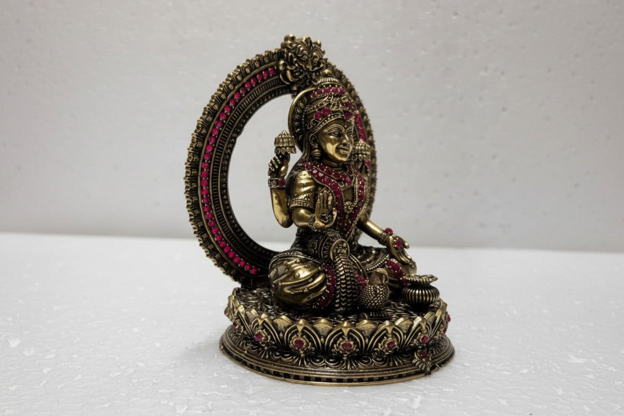 Handcrafted Brass Lakshmi Idol with Stone Work – Goddess of Wealth for Home Temple, Pooja Room & Spiritual Décor