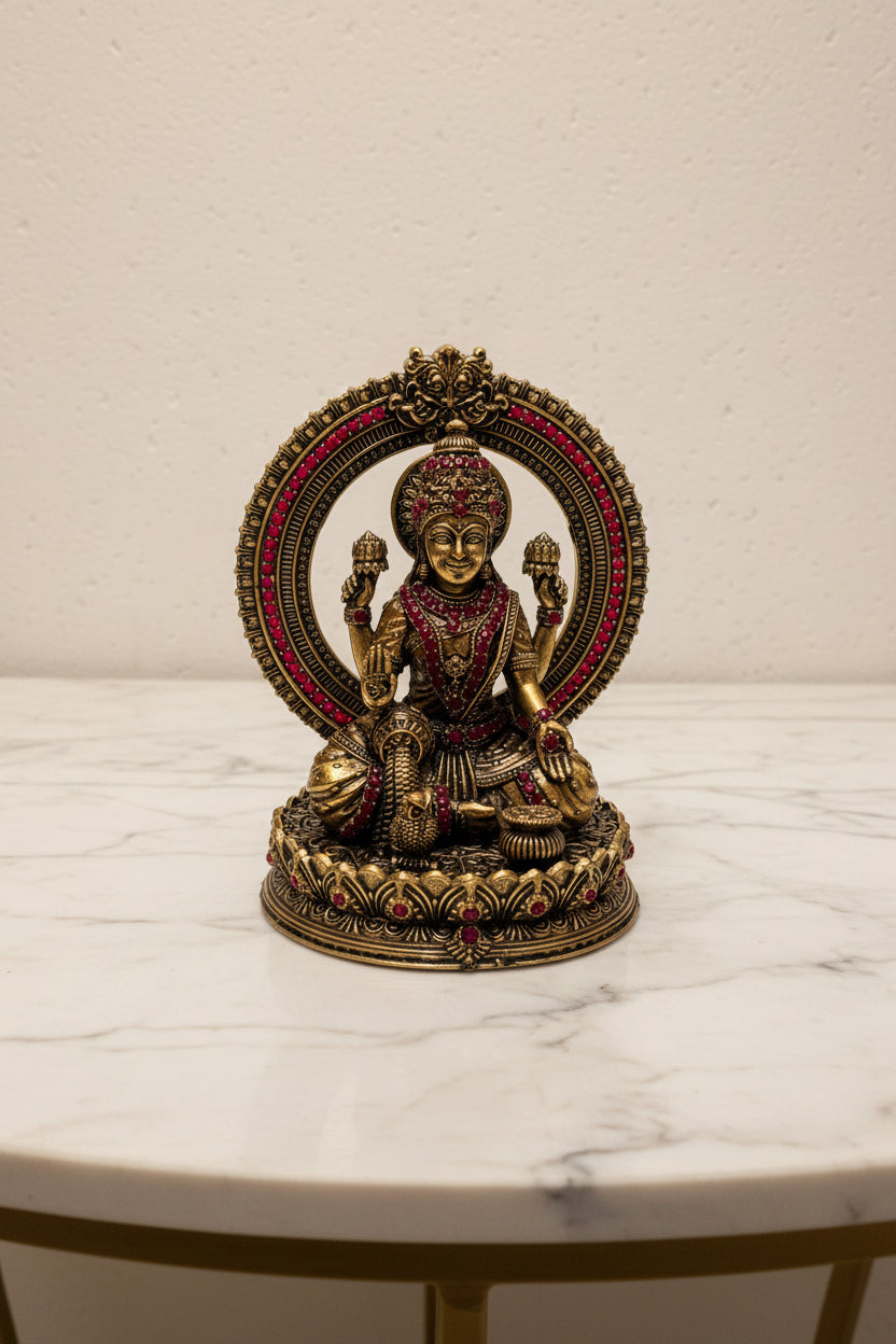 Handcrafted Brass Lakshmi Ganesh Idol with Stone Work – Goddess Lakshmi & Lord Ganesha Statue for Home Temple, Pooja & Diwali Décor