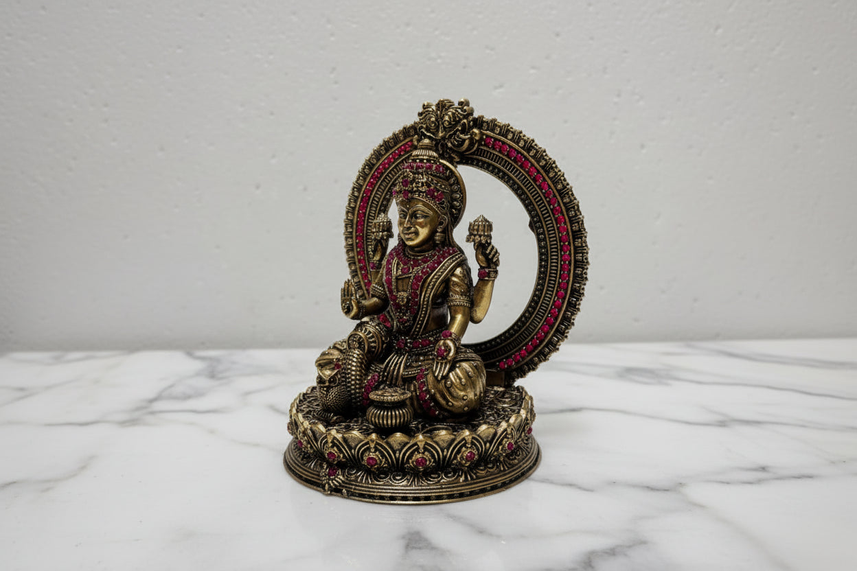 Handcrafted Brass Lakshmi Ganesh Idol with Stone Work – Goddess Lakshmi & Lord Ganesha Statue for Home Temple, Pooja & Diwali Décor