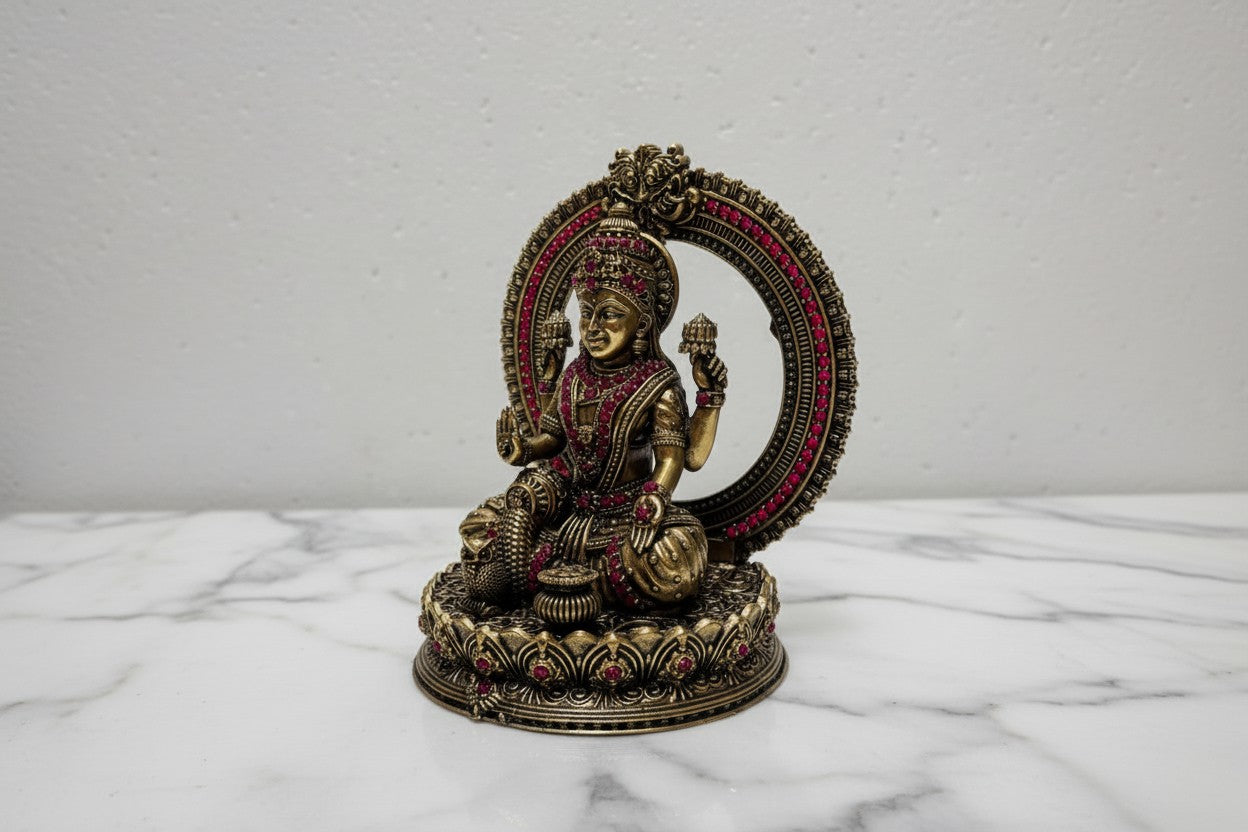 Handcrafted Brass Lakshmi Idol with Stone Work – Goddess of Wealth for Home Temple, Pooja Room & Spiritual Décor