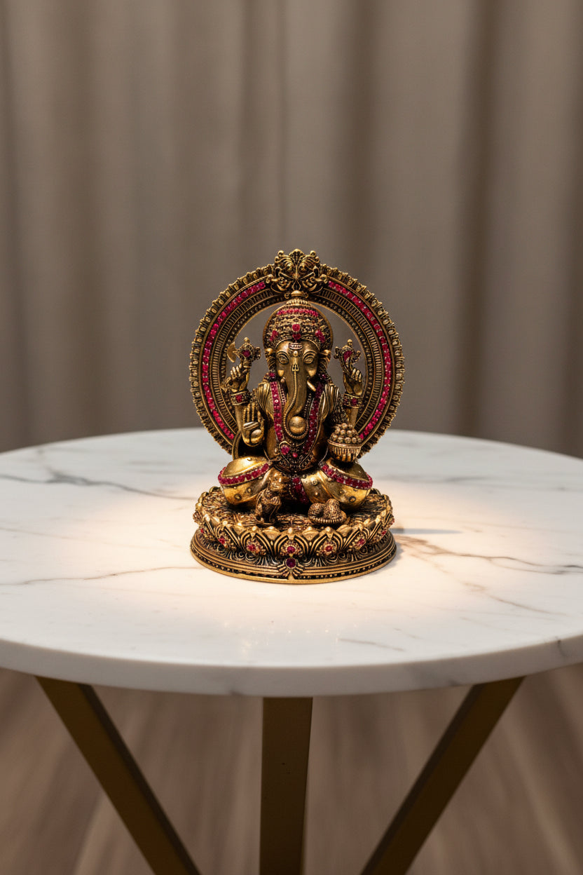 Handcrafted Brass Lakshmi Ganesh Idol with Stone Work – Goddess Lakshmi & Lord Ganesha Statue for Home Temple, Pooja & Diwali Décor