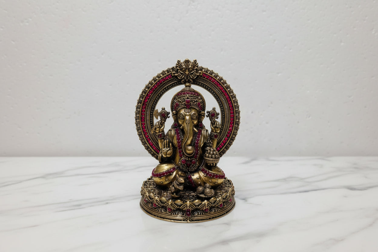 Handcrafted Brass Lakshmi Ganesh Idol with Stone Work – Goddess Lakshmi & Lord Ganesha Statue for Home Temple, Pooja & Diwali Décor