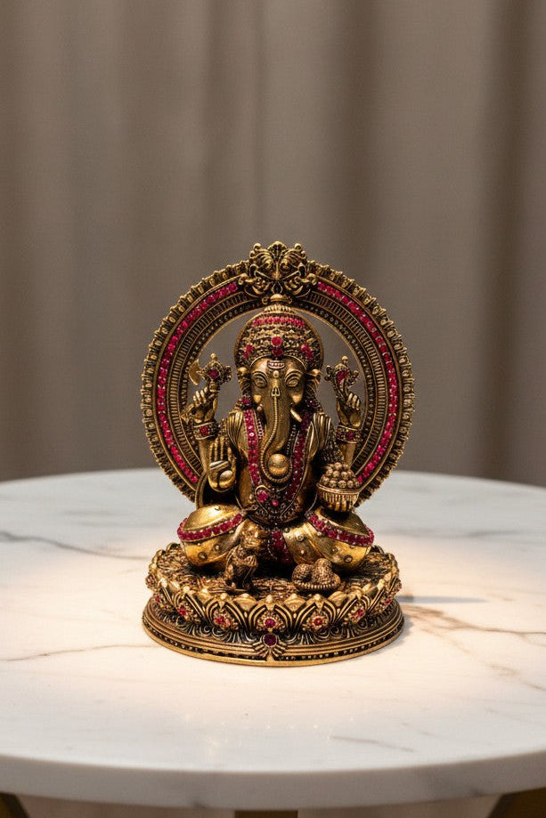 Handcrafted Brass Ganesh Idol with Stone Work – Lord Ganesha Statue for Home Temple, Pooja & Spiritual Décor