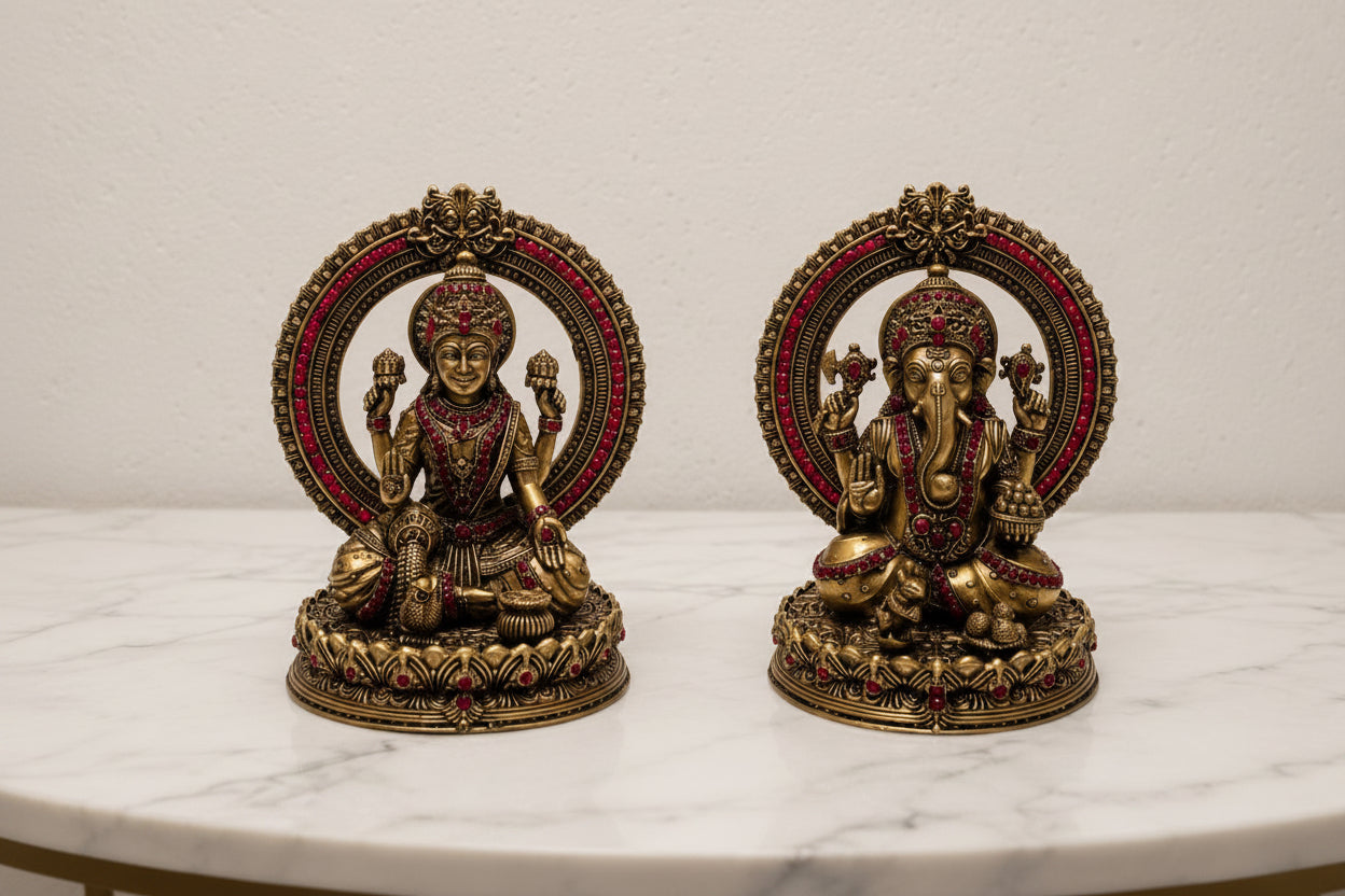 Handcrafted Brass Lakshmi Ganesh Idol with Stone Work – Goddess Lakshmi & Lord Ganesha Statue for Home Temple, Pooja & Diwali Décor