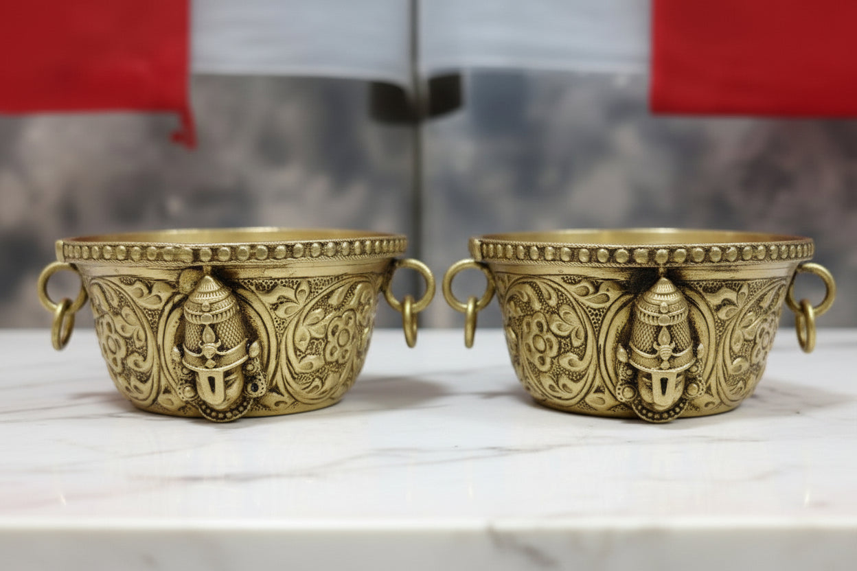 Handcrafted Brass Balaji Prasad Bowls Set of 2 – Traditional Offering Bowls for Pooja, Temple & Home Worship