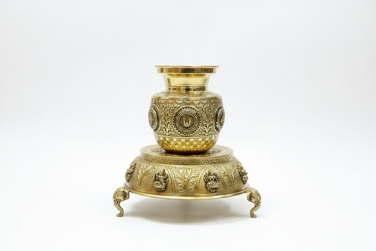 Handcrafted Brass Shankh Chakra Kalash and Ashta Lakshmi Stool with Elephant Legs – Sacred Pooja Kalash for Home Temple, Diwali & Spiritual Décor