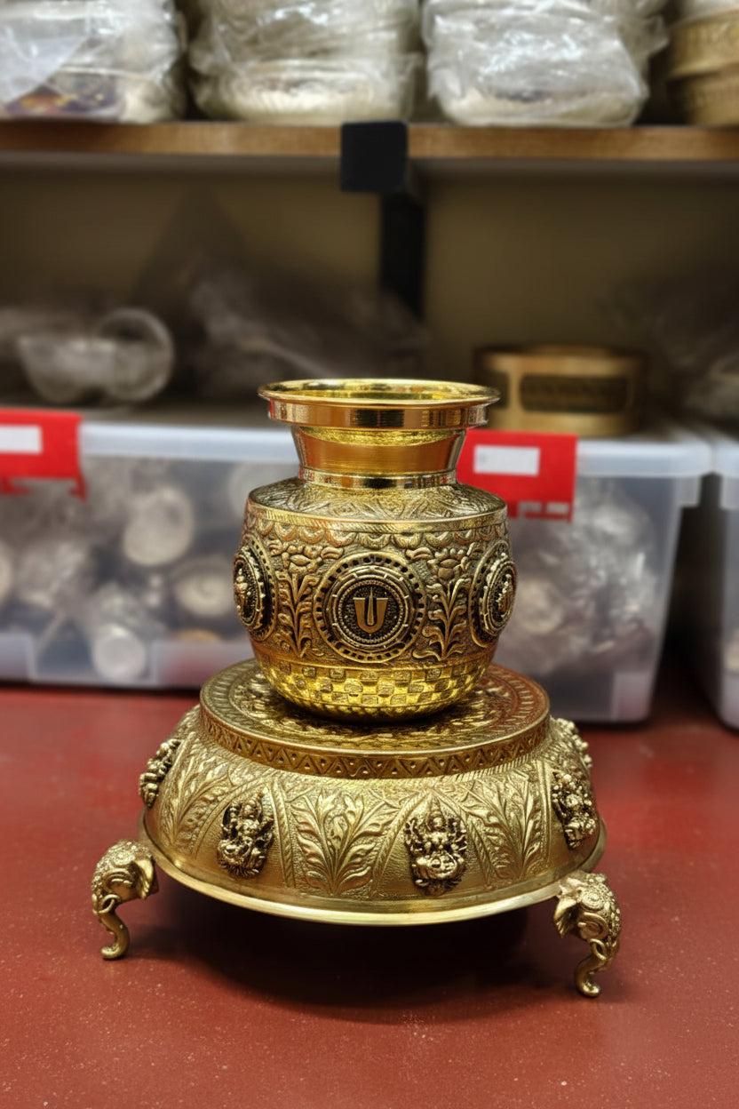Handcrafted Brass Shankh Chakra Kalash and Ashta Lakshmi Stool with Elephant Legs – Sacred Pooja Kalash for Home Temple, Diwali & Spiritual Décor