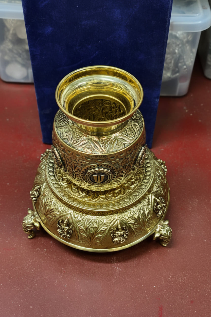 Handcrafted Brass Shankh Chakra Kalash and Ashta Lakshmi Stool with Elephant Legs – Sacred Pooja Kalash for Home Temple, Diwali & Spiritual Décor