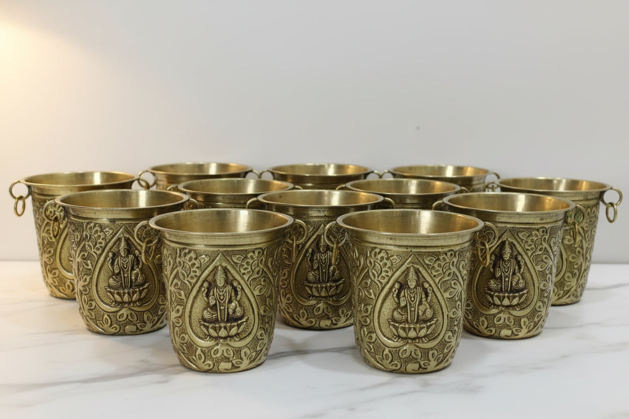Handcrafted Brass Balaji Glasses Set of 10 – Traditional Drinking Tumblers for Pooja, Prasad & Home Use