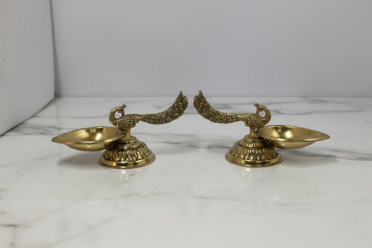 Handcrafted Brass Peacock Diya Set of 2 – Traditional Oil Lamps for Pooja, Diwali & Home Temple Décor