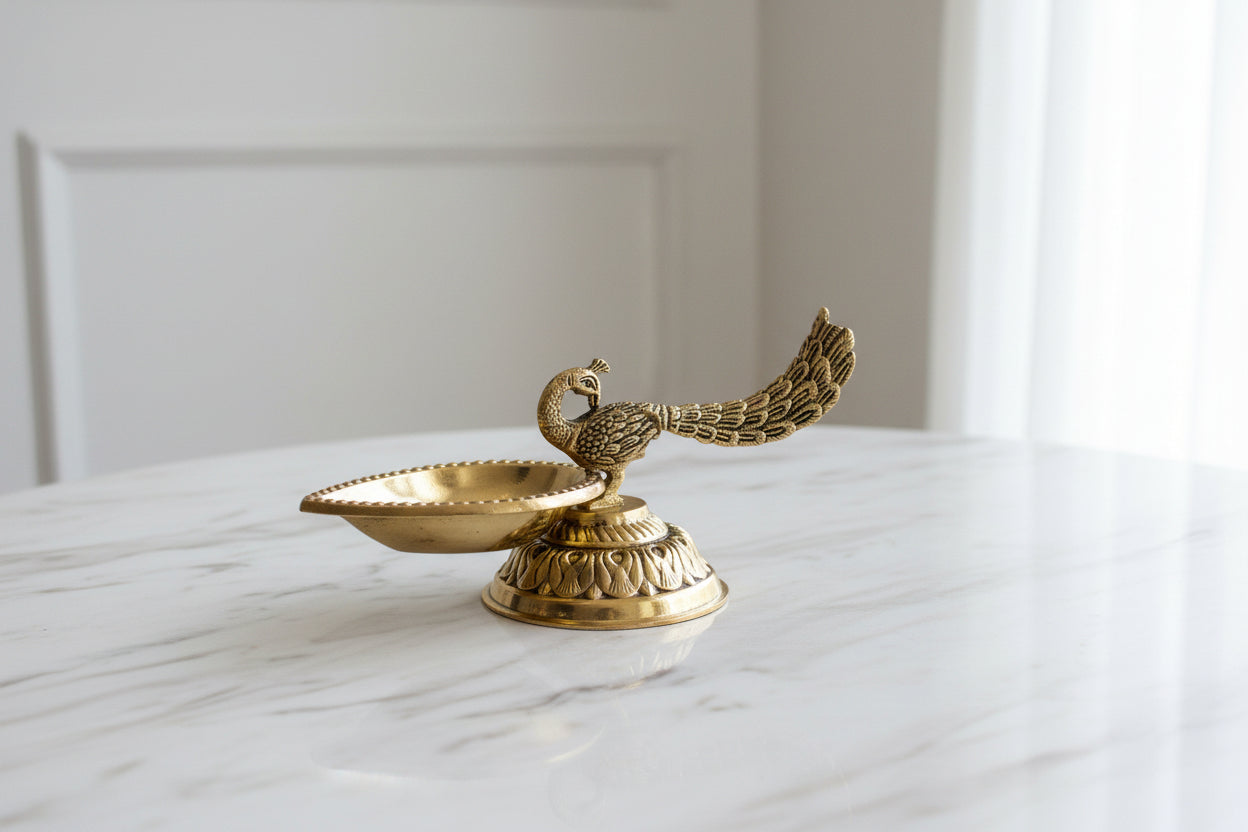 Handcrafted Brass Peacock Diya Set of 2 – Traditional Oil Lamps for Pooja, Diwali & Home Temple Décor