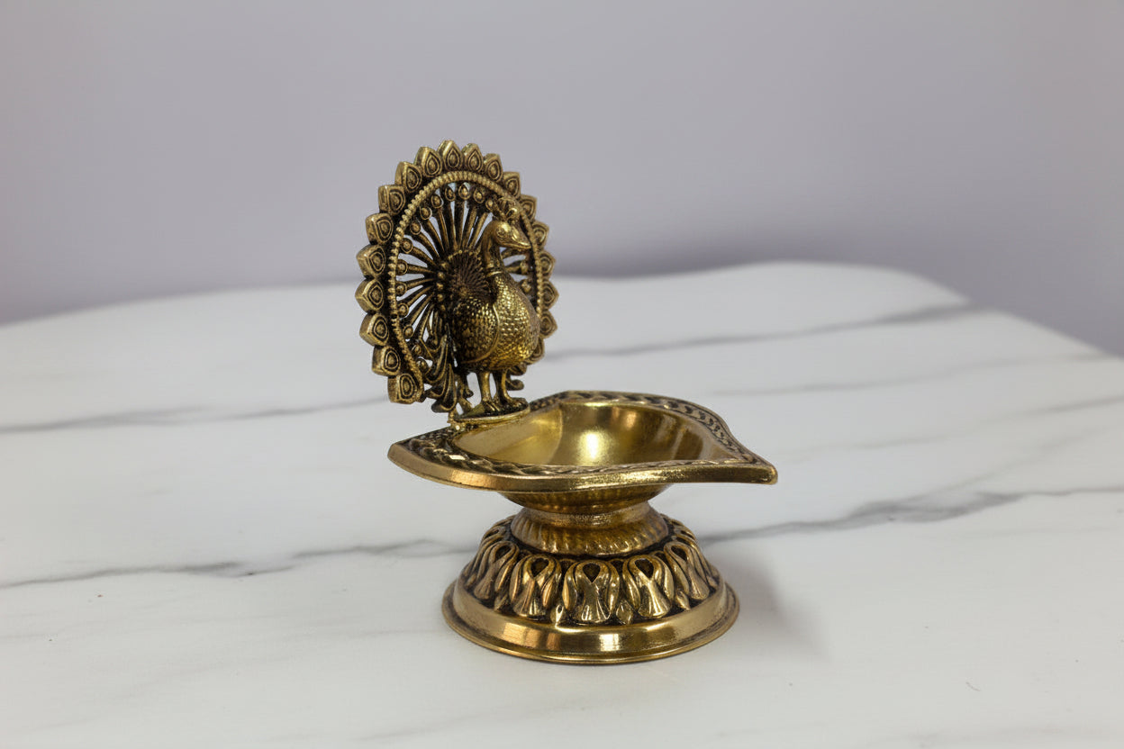 Handcrafted Brass dancing Peacock Diya Set of 2 – Traditional Oil Lamps for Pooja, Diwali & Home Temple Décor