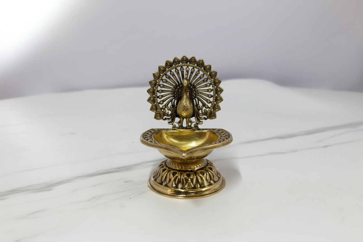 Handcrafted Brass dancing Peacock Diya Set of 2 – Traditional Oil Lamps for Pooja, Diwali & Home Temple Décor