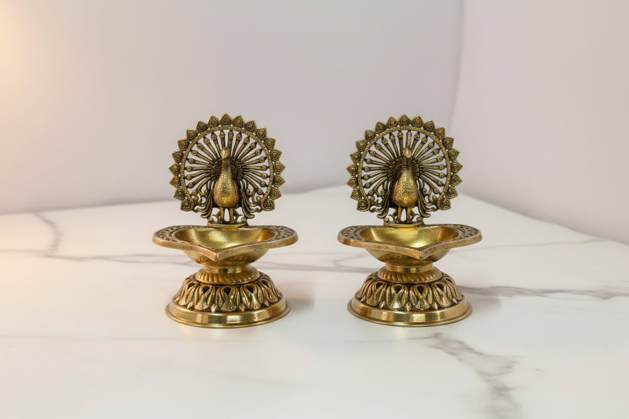 Handcrafted Brass dancing Peacock Diya Set of 2 – Traditional Oil Lamps for Pooja, Diwali & Home Temple Décor