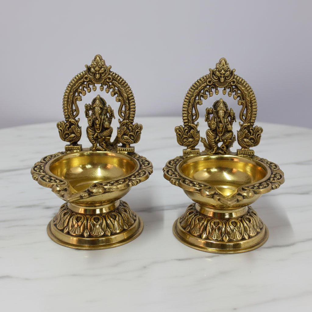 Handcrafted Brass ganesh Diya Set of 2 – Traditional Oil Lamps for Pooja, Diwali & Home Temple Décor