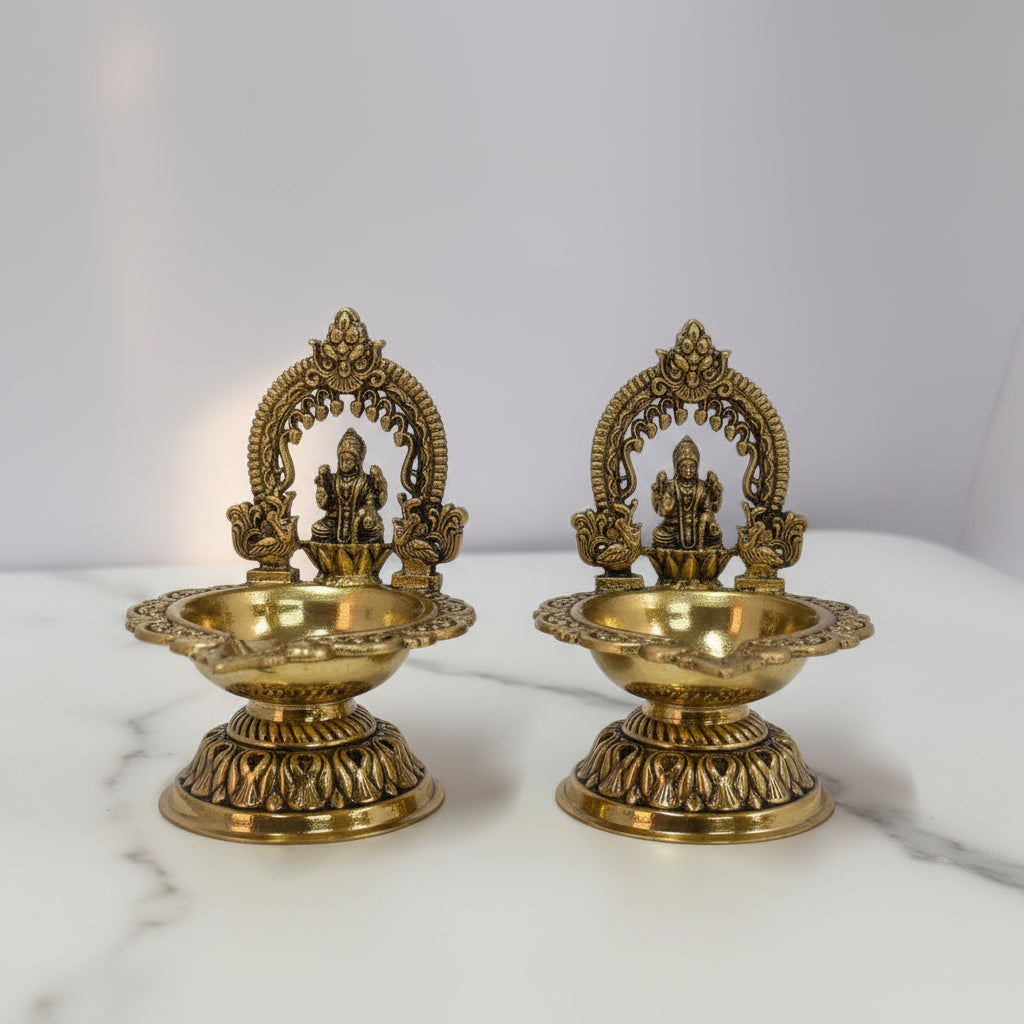 Handcrafted Brass lakshmi Diya Set of 2 – Traditional Oil Lamps for Pooja, Diwali & Home Temple Décor