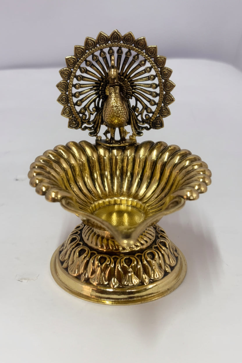 Handcrafted Brass Dancing Peacock Diya – Traditional Oil Lamp for Pooja, Home Temple, Diwali Décor & Spiritual Gifts
