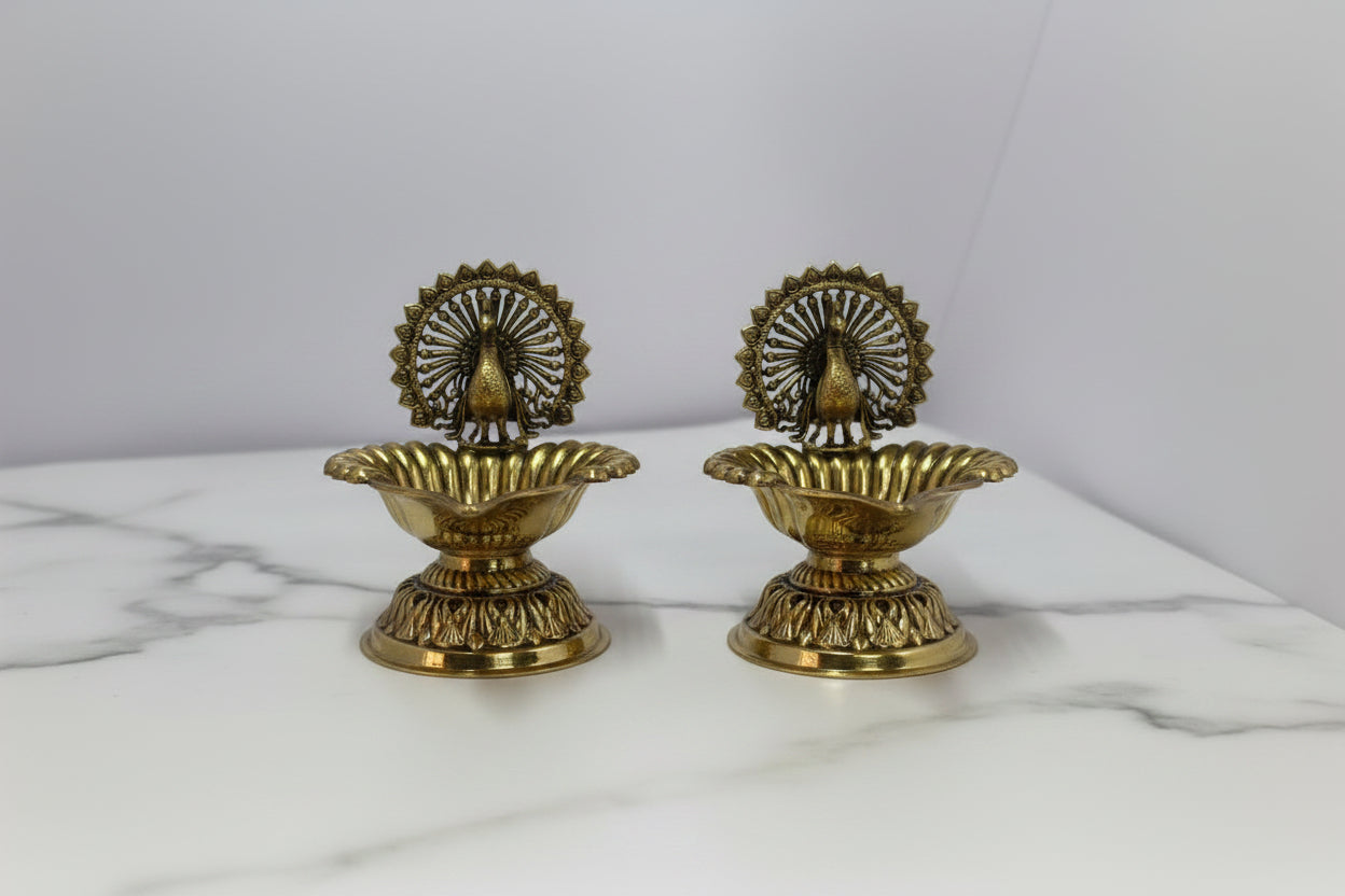 Handcrafted Brass Dancing Peacock Diya – Traditional Oil Lamp for Pooja, Home Temple, Diwali Décor & Spiritual Gifts