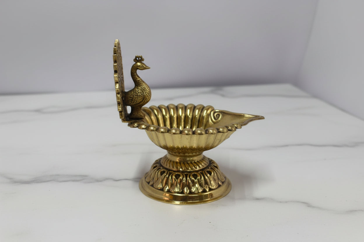Handcrafted Brass Dancing Peacock Diya – Traditional Oil Lamp for Pooja, Home Temple, Diwali Décor & Spiritual Gifts